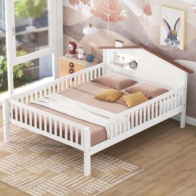 VilroCaz Modern Full Size Platform Bed with House-Shaped Headboard and Built-in Storage& Light, Wood Platform Bed Frame with Safety Guardrail for Kids Teens Girls & Boys Bedroom (White-8.12, Full)
