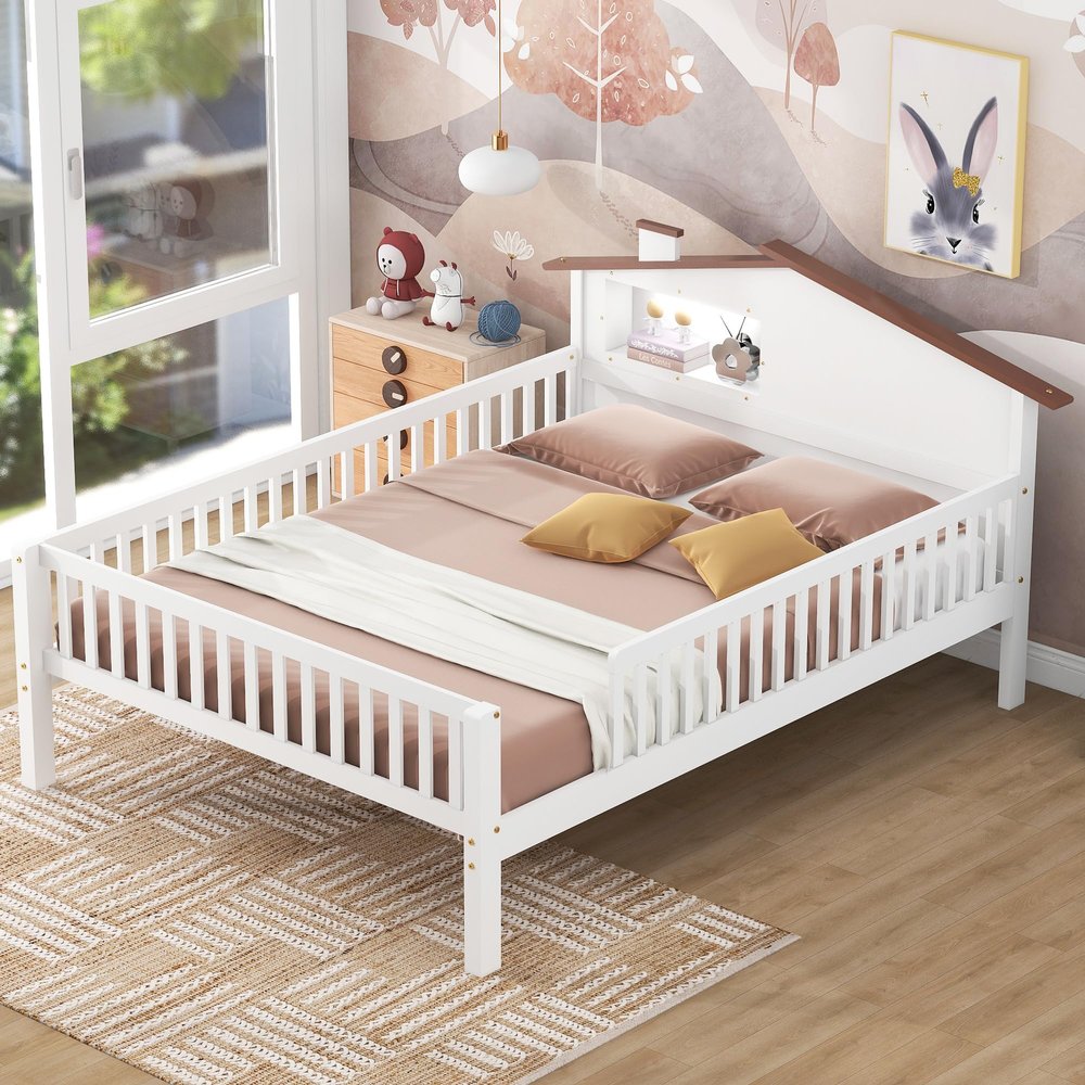 VilroCaz Modern Full Size Platform Bed with House-Shaped Headboard and Built-in Storage& Light, Wood Platform Bed Frame with Safety Guardrail for Kids Teens Girls & Boys Bedroom (White-8.12, Full)