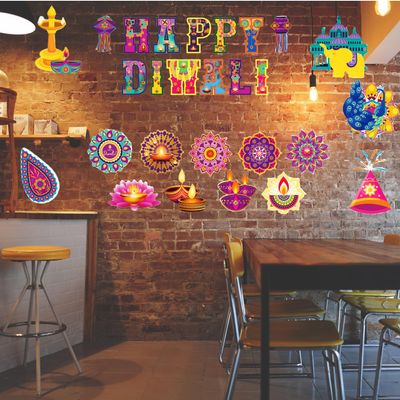 KYMY Happy Diwali Cutout Decorations, 47pcs Diwali Deepavali Diyas Party Banner Decoration, India Rangoli Hanging Cutout Cards for Diwali Festival Party Decorations for Wall, Door, Window, Ceiling
