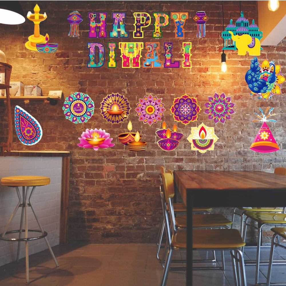 KYMY Happy Diwali Cutout Decorations, 47pcs Diwali Deepavali Diyas Party Banner Decoration, India Rangoli Hanging Cutout Cards for Diwali Festival Party Decorations for Wall, Door, Window, Ceiling