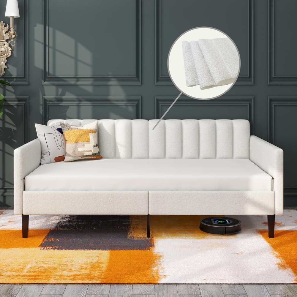 1- Elena Twin Size Ivory Boucle Upholstered Daybed, Ribbed Tufted Backrest, Daybed in Lavish Modern Design, Richly Hued Foam Comfort