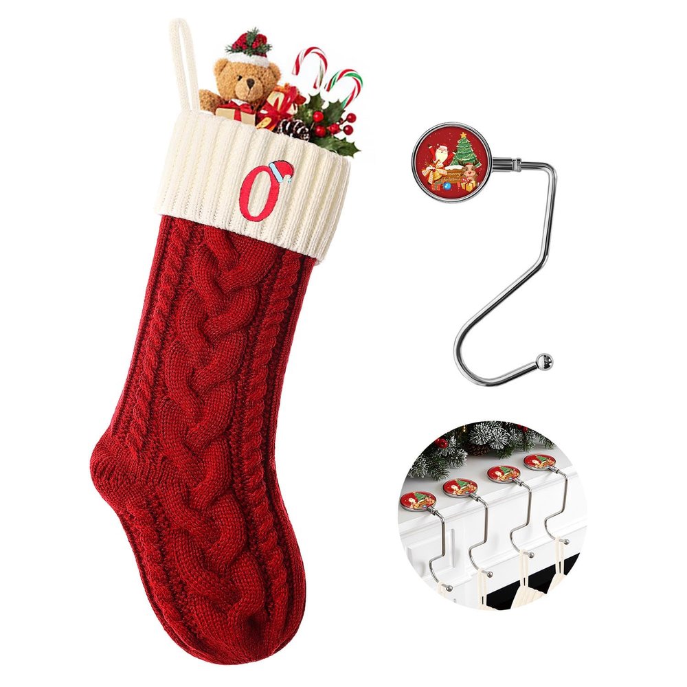 Christmas Stockings Personalized Custom Initials 18 Inches Knitted Christmas Stockings with Letter Fireplace Hanging Monogram Xmas Stockings for Kids,Family Holiday Party DecorationRed and White O