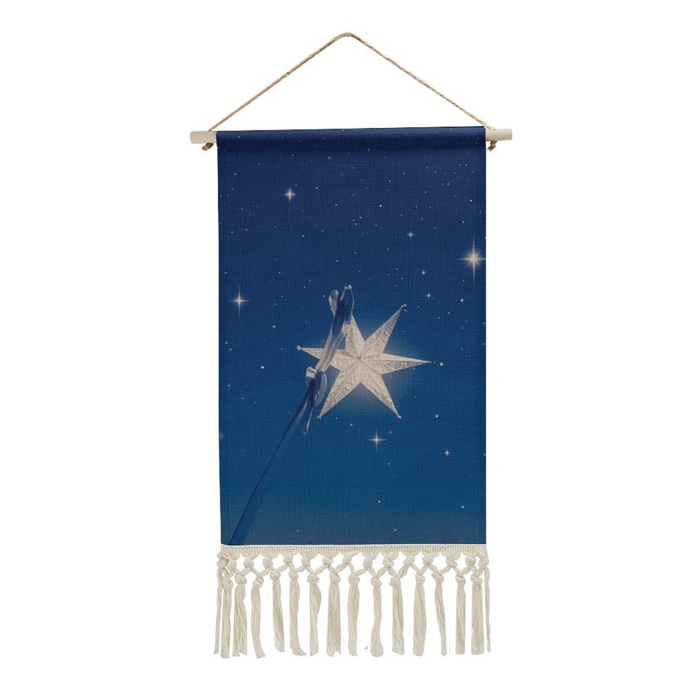 NWGHM Poster Hanger with Tassel Navy Blue And Star Wall Art Prints with Wood Frames Wall Hanging Tapestry Cotton And Linen Hanging Poster for Living Room Decor 19.6x10 Inch