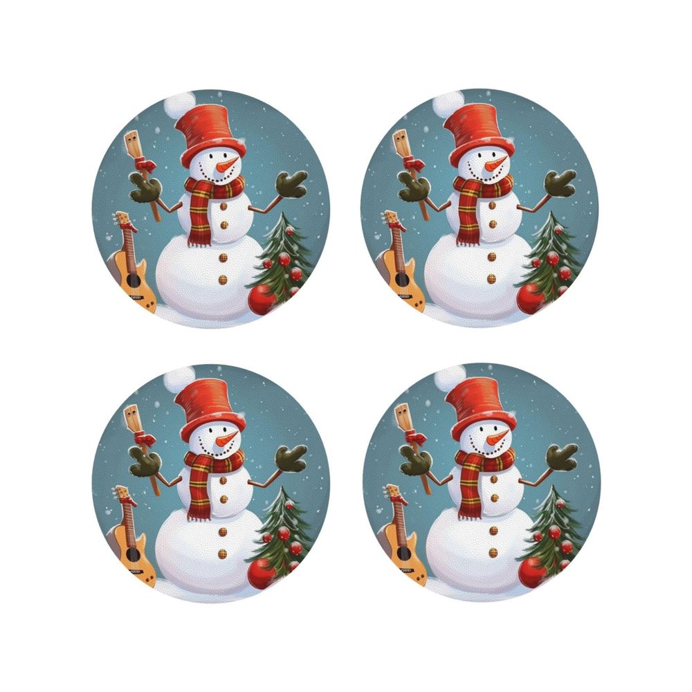 Christmas Snowman Coasters for Drinks Set of 4 Non-Slip Leather Coaster Heat Resistant Drink Coaster for Tabletop Protection Absorbent Cup Mat for Coffee Table Decor Round Shape
