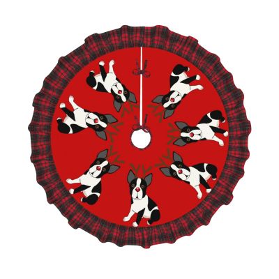 Boston Terrier Reindeer Christmas01 30 Inch Christmas Tree Skirt Red and Black Buffalo Plaid Edge Decoration for Merry Christmas Farmhouse Winter Holiday Party Home Decoration Ornaments Indoor Outdoor