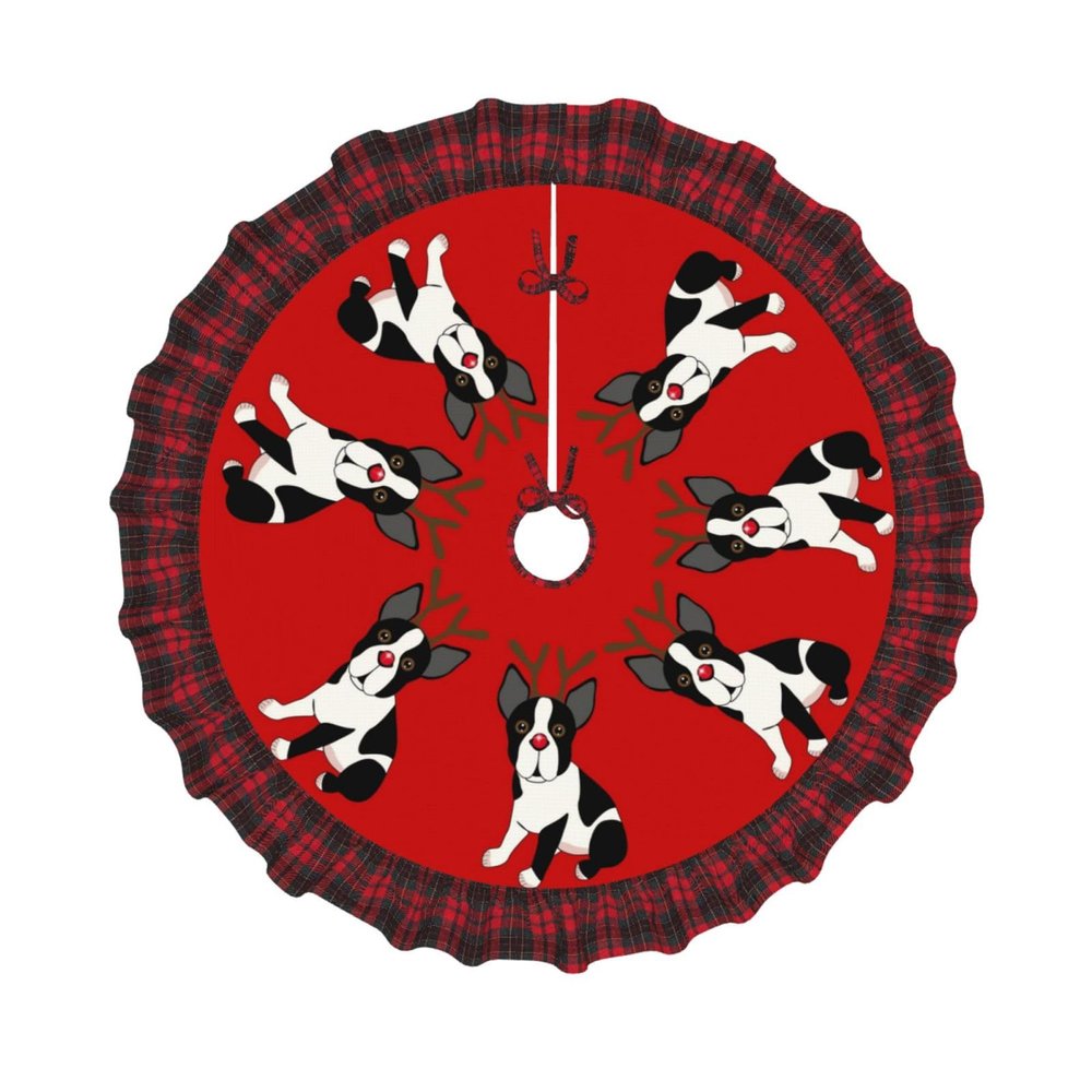 Boston Terrier Reindeer Christmas01 30 Inch Christmas Tree Skirt Red and Black Buffalo Plaid Edge Decoration for Merry Christmas Farmhouse Winter Holiday Party Home Decoration Ornaments Indoor Outdoor