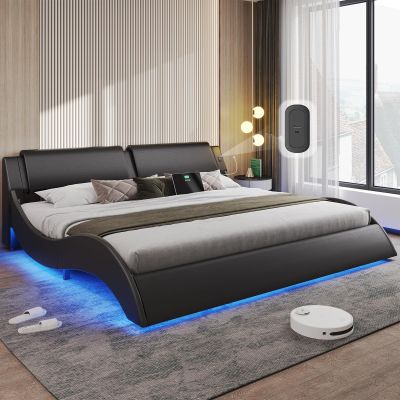 DICTAC King Size Bed Frame with Headboard and Charging Ports Modern Low Profile King Platform Bed Frame with LED Lights Wave Like Curve Led Bed Frame King Size with Wood Slats Support,Black