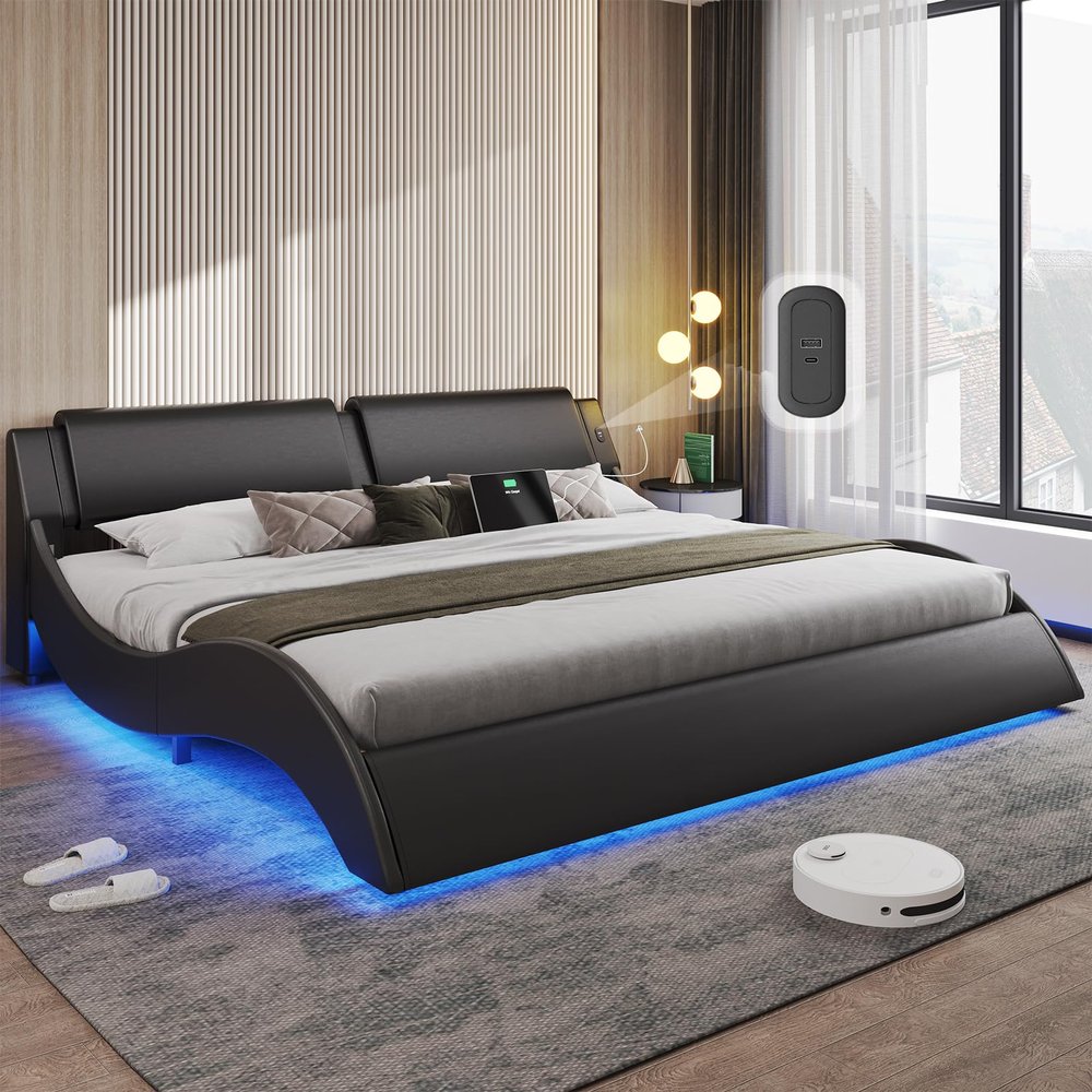 DICTAC King Size Bed Frame with Headboard and Charging Ports Modern Low Profile King Platform Bed Frame with LED Lights Wave Like Curve Led Bed Frame King Size with Wood Slats Support,Black