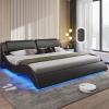 DICTAC King Size Bed Frame with Headboard and Charging Ports Modern Low Profile King Platform Bed Frame with LED Lights Wave Like Curve Led Bed Frame King Size with Wood Slats Support,Black view 1