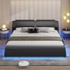 DICTAC King Size Bed Frame with Headboard and Charging Ports Modern Low Profile King Platform Bed Frame with LED Lights Wave Like Curve Led Bed Frame King Size with Wood Slats Support,Black view 3