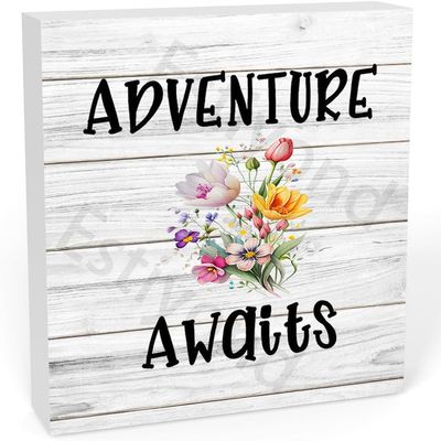 Funny Wooden Box Decor Sign,Rustic Wood Box Sign Decor, Adventure Awaits Art Home Bathroom Shelf Desk Decoration 5 X 5 Inches