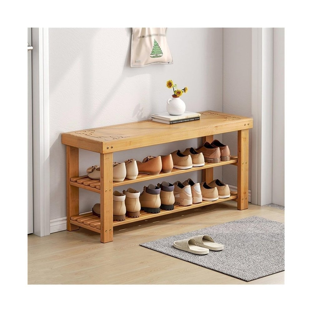 FURUIM2024M Shoes Shelf Shoe Rack Bench, Entryway Shoe Bench, 2/3 Tier Simple Style Shoe Bench with Storage for Hallway Living Room Bedroom Corridor, Nature Stackable Shoe Rack(90x25x45CM)