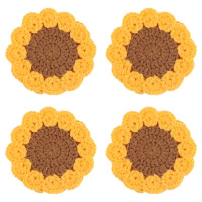 4pcs Cute Crochet Knitted Coasters - Funny Sunflower Designs, Soft & Absorbent for Drinks, Desk & Bar