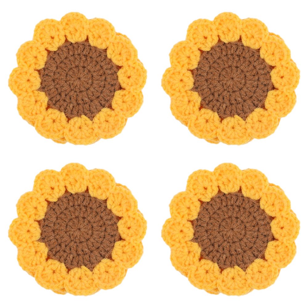 4pcs Cute Crochet Knitted Coasters - Funny Sunflower Designs, Soft & Absorbent for Drinks, Desk & Bar