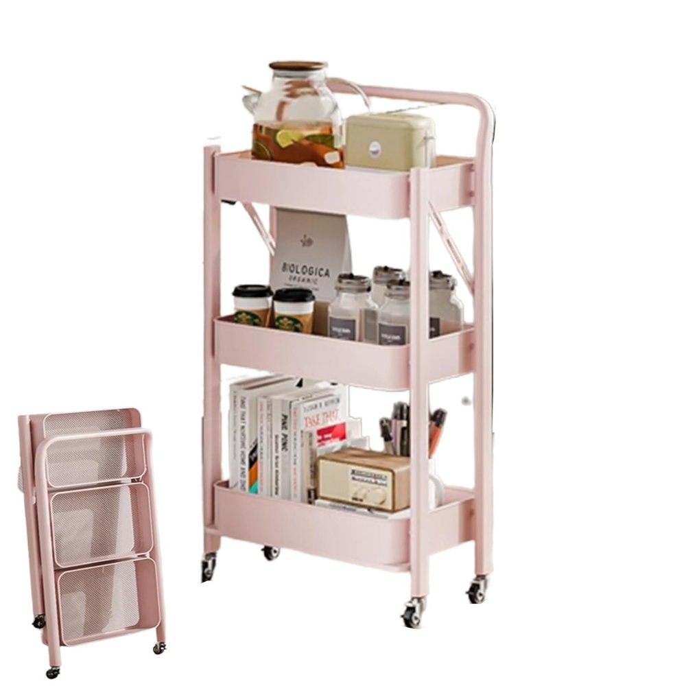 Rolling Storage Cart,Foldable Trolley Storage Rack, Narrow Cart for Small Spaces, 3 Tier Mobile Storage Rolling Utility Cart, Multi-Layer Mobile Cart, for Kitchen Bathroom Laundry