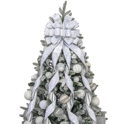 BUVANE Christmas Tree Topper,48x13 Inches Velvet Toppers Bow,Large Decorative Bows for Christmas Decoration (Silver)