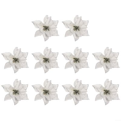 10pcs Christmas Poinsettia Glitter Flower, Hanging Xmas Party Tree Decoration,Artificial Xmas Flower Ornaments,Christmas Tree Flower Decor(Silver)