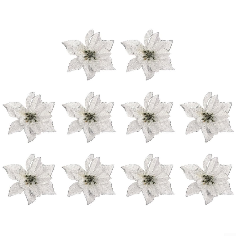 10pcs Christmas Poinsettia Glitter Flower, Hanging Xmas Party Tree Decoration,Artificial Xmas Flower Ornaments,Christmas Tree Flower Decor(Silver)