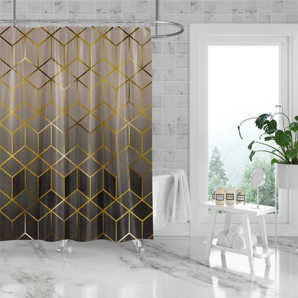 PDSYCB Geometric Fabric Shower Curtain Set Metal Honeycomb Pattern Abstract Geometric Bathroom Window Curtain Modern Decorative Polyester Cloth Shower Curtains for Bathroom Decor 35x87in-90x220cm/WxL