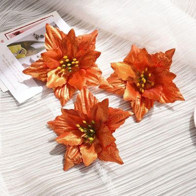 10Pcs Poinsettia Artificial Christmas, Christmas Decorations, Christmas Wreaths Decoration, For Xmas Wedding DIY Wreath Floral Party(Orange)