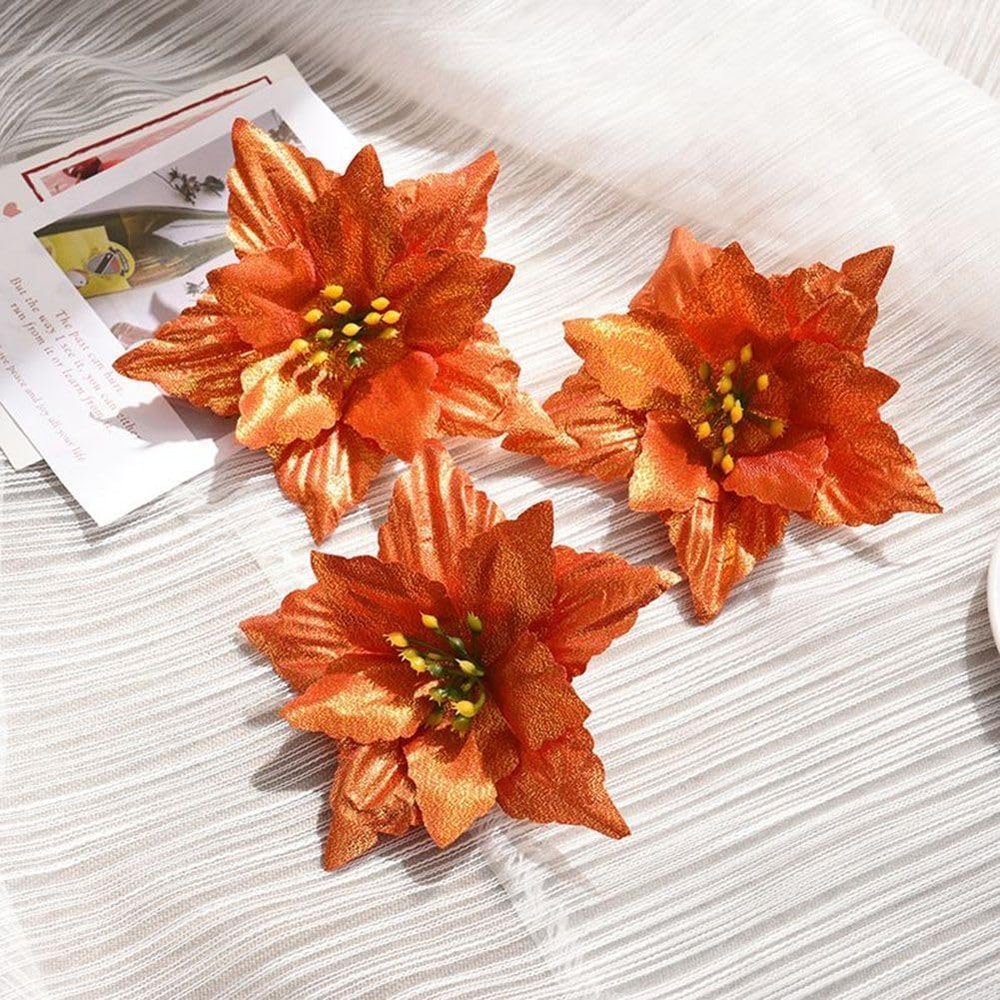 10Pcs Poinsettia Artificial Christmas, Christmas Decorations, Christmas Wreaths Decoration, For Xmas Wedding DIY Wreath Floral Party(Orange)