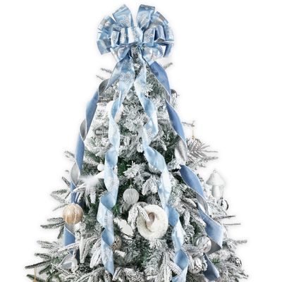 LIZLOVESS Dusty Blue and Silver Christmas Tree Toppers 13 x 53 Inch Large Decorative Bows with Streamer and Snowflake Patterns for Xmas Tree Wreaths Door Staircase Home Decor