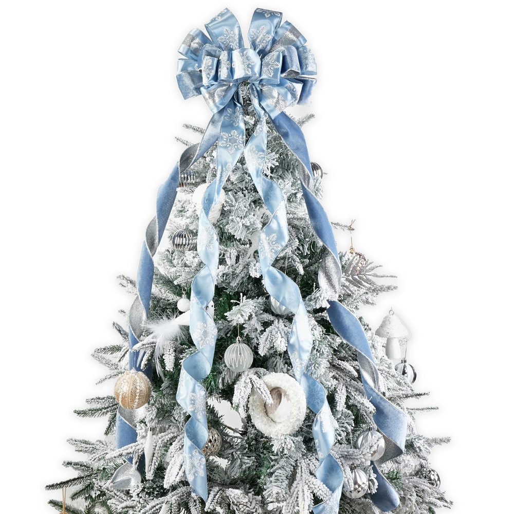 LIZLOVESS Dusty Blue and Silver Christmas Tree Toppers 13 x 53 Inch Large Decorative Bows with Streamer and Snowflake Patterns for Xmas Tree Wreaths Door Staircase Home Decor