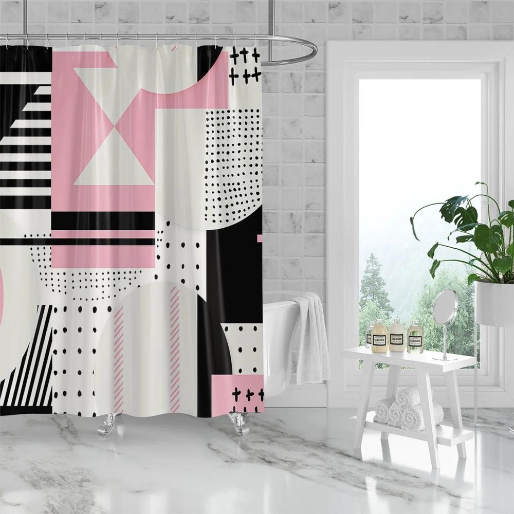 PDSYCB Geometric Fabric Shower Curtain Set Grey Checkered Pattern Abstract Geometric Bathroom Window Curtain Modern Decorative Polyester Cloth Shower Curtains for Bathroom Decor 87x72in-220x183cm/WxL
