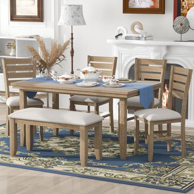 Bellemave 6-Piece Dining Table Set with Bench for 6 Rectangular Kitchen Table Set with 4 Chairs & Bench Retro Dining Room Table and Chairs for Kitchen, Dining Room (Natural)
