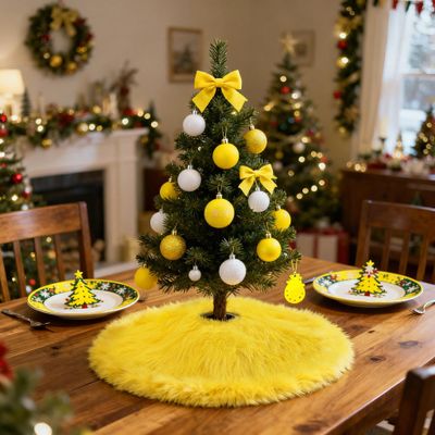 Ivarunner Yellow Christmas Tree Skirt 24 Inch, Small Faux Fur Tree Skirt, Soft Fluffy Xmas Tree Rug, Yellow Christmas Decorations for Slim Pencil Tree & Artificial 2-3 Foot Trees