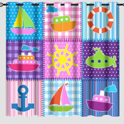 Abstract, Blackout Curtains for Bedroom Summer Orange Flower Navy Blue Anchor Vintage Coastal Old Sailboat Rudder Style Teal Plaid Grommet Light Reducing Curtain Panels for Living Room 42x45 Inch