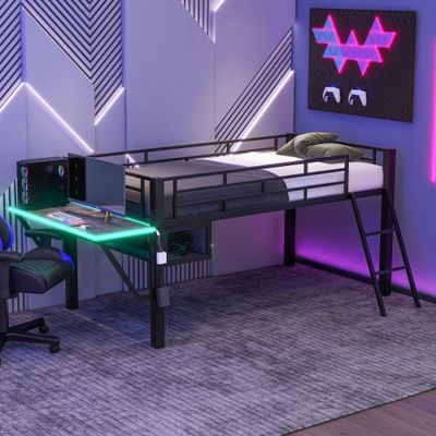 Twin Size Gaming Mid Loft Bed with Desk and LED Lights, Modern Metal Loft Bed Frame with Inclined Ladder and Safety Guardrail for Kids Teens Girls Boys Bedroom, Easy Assembly (Black-01, Twin)