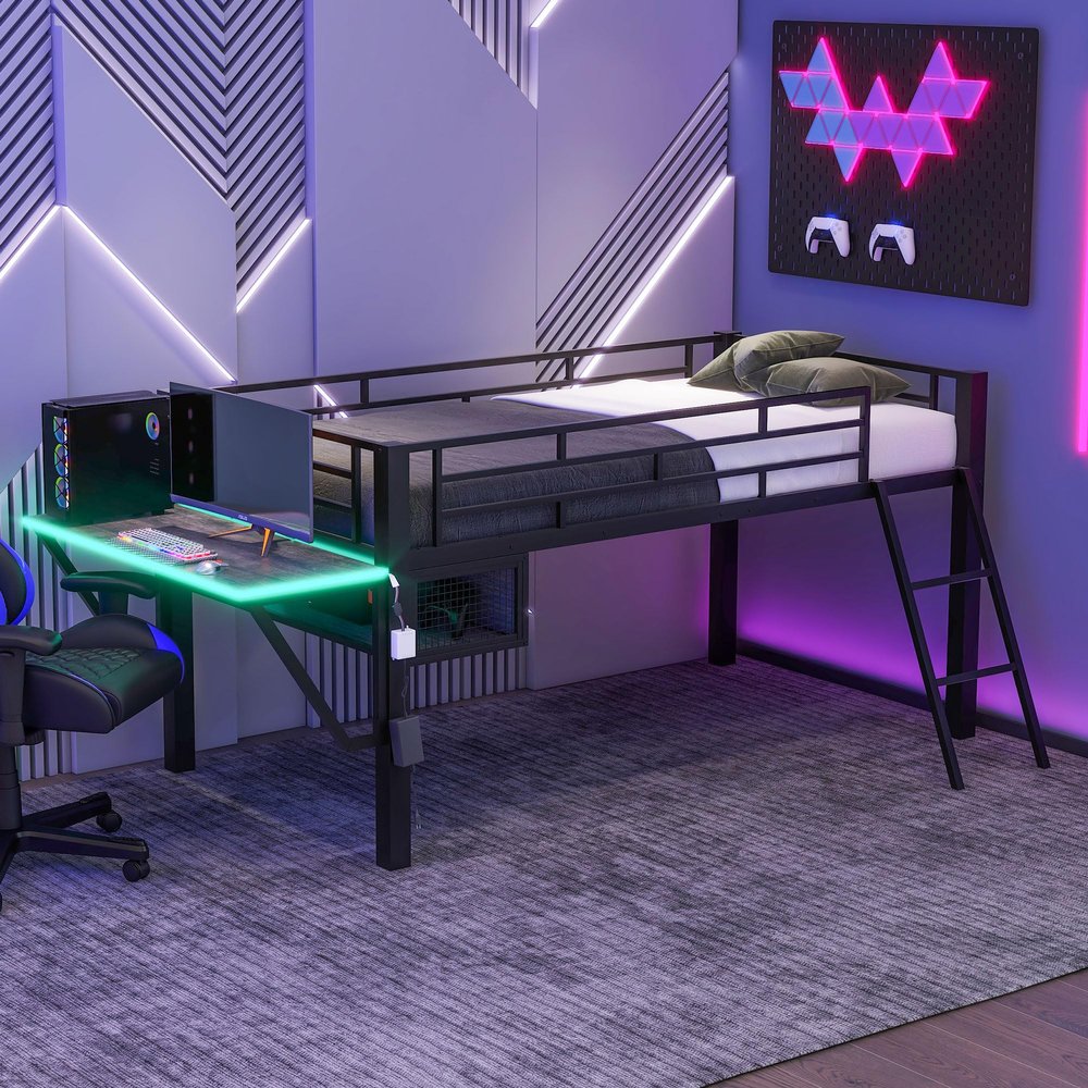Twin Size Gaming Mid Loft Bed with Desk and LED Lights, Modern Metal Loft Bed Frame with Inclined Ladder and Safety Guardrail for Kids Teens Girls Boys Bedroom, Easy Assembly (Black-01, Twin)