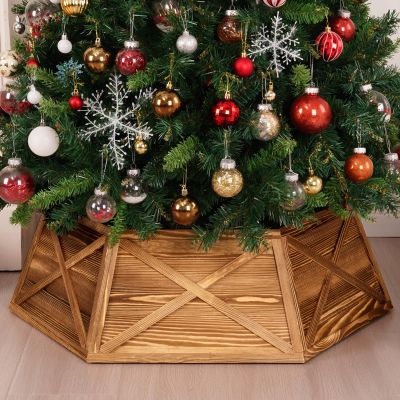 AtawLege Wood Christmas Tree Collar, 27" Hexagon Vintage Wooden Rustic Farmhouse Christmas Tree Base Cover with X-Pattern, Natural Handcrafted Tree Skirt Stand Box for Home Party Tree Decor