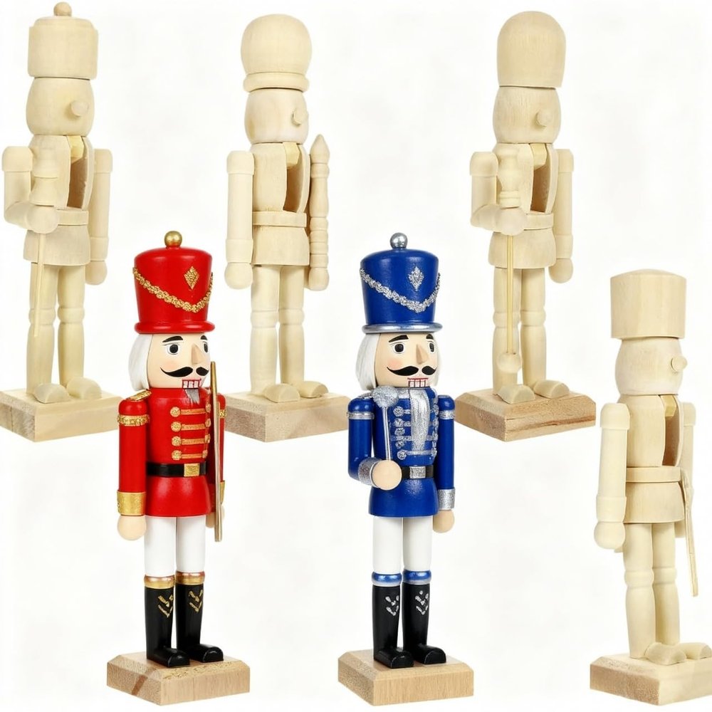 DEARMAMY 6PCS Unpainted Wooden Nutcracker:Christmas Nutcracker Ornaments Nutcracker Soldier Figure for Festival Party Outdoor Xmas Hanging on Tree and Holiday Crafts
