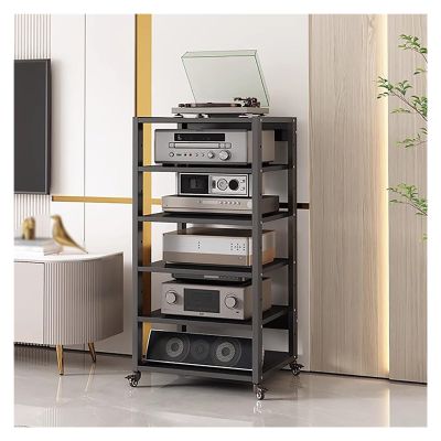 6 Tier Movable AV Media Stand, Audio/Video Component Rack Heavy Shelves with Wheels/Adjustable Shelves, Space Saving Stereo Cabinet Storage Unit Corner Wooden Record Player Shelf for Home Office Club