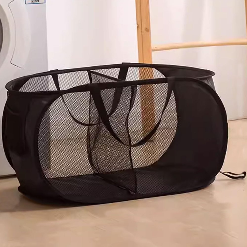AoForce Laundry Basket Double Handles Design Easy to Move Laundry Sorter 2 Compartments Made of Nylon Mesh and Steel Wire Material for College Dorm Travel(Black)