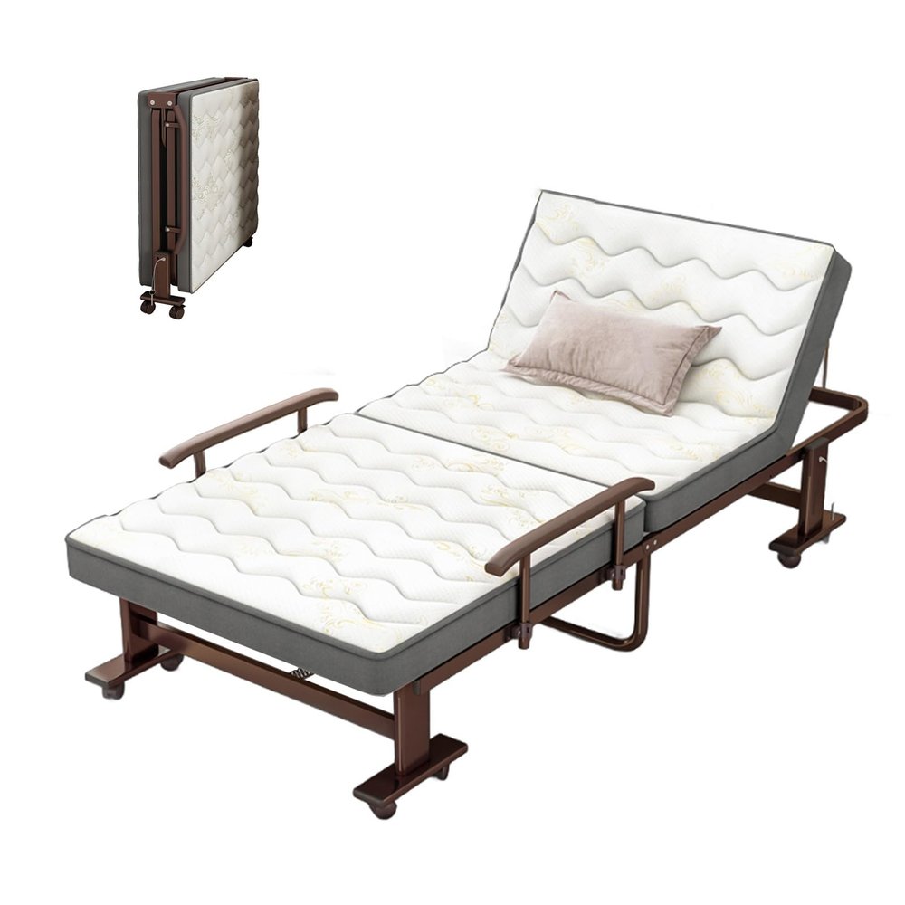Folding Bed with Mattress for Adults Thickened Steel Pipe Adjustable in 7 Positions for Living Room Apartment Office, with Wheels, Adjustable Armrests(190x90x30cm)