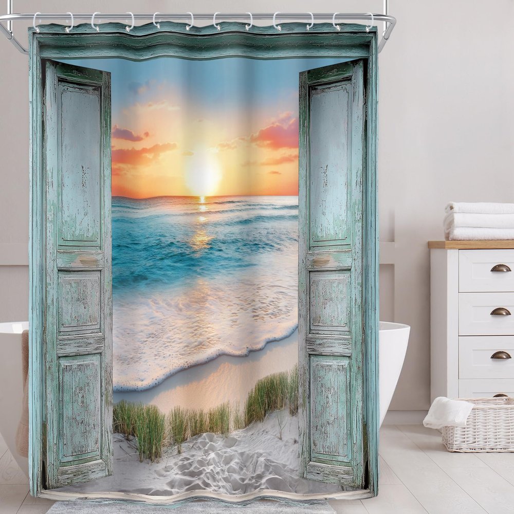 Riyidecor Stall Beach Barn Door Shower Curtain for Bathroom Decor 54Wx78H Single Standing Ocean Hawaiian Sunset Sea Wave Retro Teal Wooden Art Printed Fabric Polyester Waterproof 12 Pack Plastic Hooks