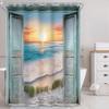 Riyidecor Stall Beach Barn Door Shower Curtain for Bathroom Decor 54Wx78H Single Standing Ocean Hawaiian Sunset Sea Wave Retro Teal Wooden Art Printed Fabric Polyester Waterproof 12 Pack Plastic Hooks view 1