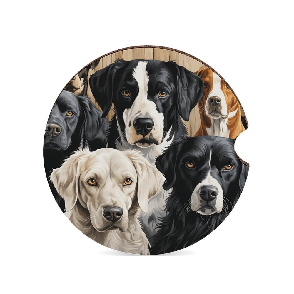 Black and White Dog Car Coasters Waterproof Anti Slip Car Cup Holder Drink Coasters with Finger Slot Auto Accessories for Women Men