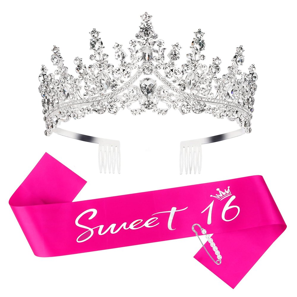 Casoty Sweet 16 Birthday Sash and Tiara Set for Girls -16th Birthday Party Decorations with Rhinestone Crown, Satin Sash & Pearl Pin-Birthday Girl Accessories