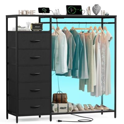 47 Inch Black Dresser with LED Lights & Hanging Rack, 5 Drawer Fabric Dresser with Charging Station and Shelves, Tall Closet Organizer for Bedroom Clothes Storage