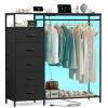 47 Inch Black Dresser with LED Lights & Hanging Rack, 5 Drawer Fabric Dresser with Charging Station and Shelves, Tall Closet Organizer for Bedroom Clothes Storage view 1