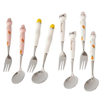 (8 Pieces) 6.69 Inch Cartoon Ceramic Stainless Steel Spoon Fork Cute Duck Stainless Steel Spoon Dessert Spoon Home Coffee Tea Spoon Fruit Fork (Mixed)