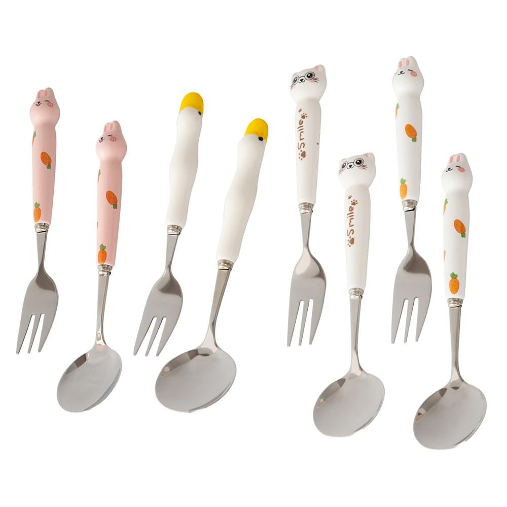 (8 Pieces) 6.69 Inch Cartoon Ceramic Stainless Steel Spoon Fork Cute Duck Stainless Steel Spoon Dessert Spoon Home Coffee Tea Spoon Fruit Fork (Mixed)