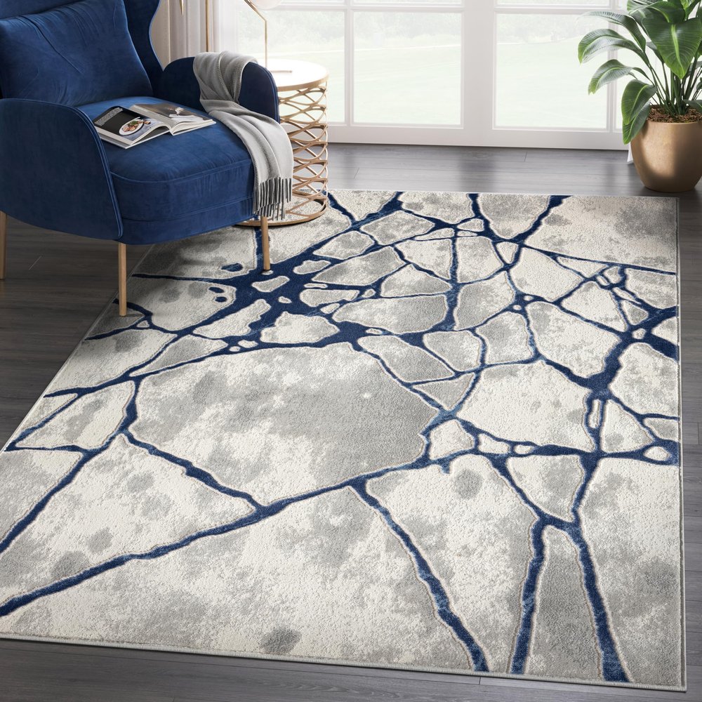 Abani Atlas Contemporary Web Grey/Blue Area Rug 4' x 6' for Living Room, Bedroom - Abstract Design - Durable & Easy to Clean
