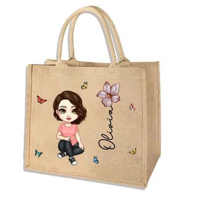 TISEA Personalized Cartoon Character Large Capacity Jute Tote Bag with Birth Flower and Name Mother's Day Birthday Gift for Women Girls(Women,Black Hair)