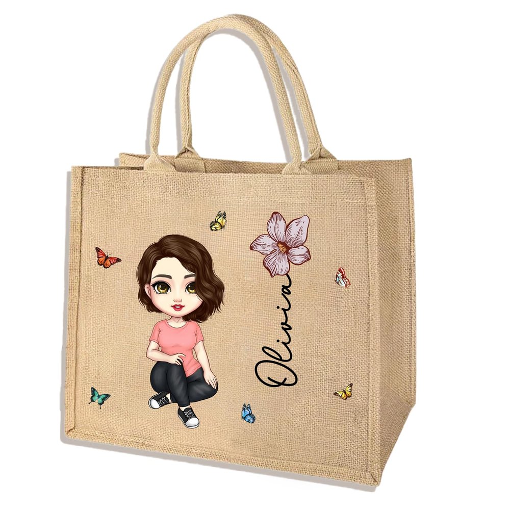 TISEA Personalized Cartoon Character Large Capacity Jute Tote Bag with Birth Flower and Name Mother's Day Birthday Gift for Women Girls(Women,Black Hair)