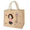 TISEA Personalized Cartoon Character Large Capacity Jute Tote Bag with Birth Flower and Name Mother's Day Birthday Gift for Women Girls(Women,Black Hair) view 1